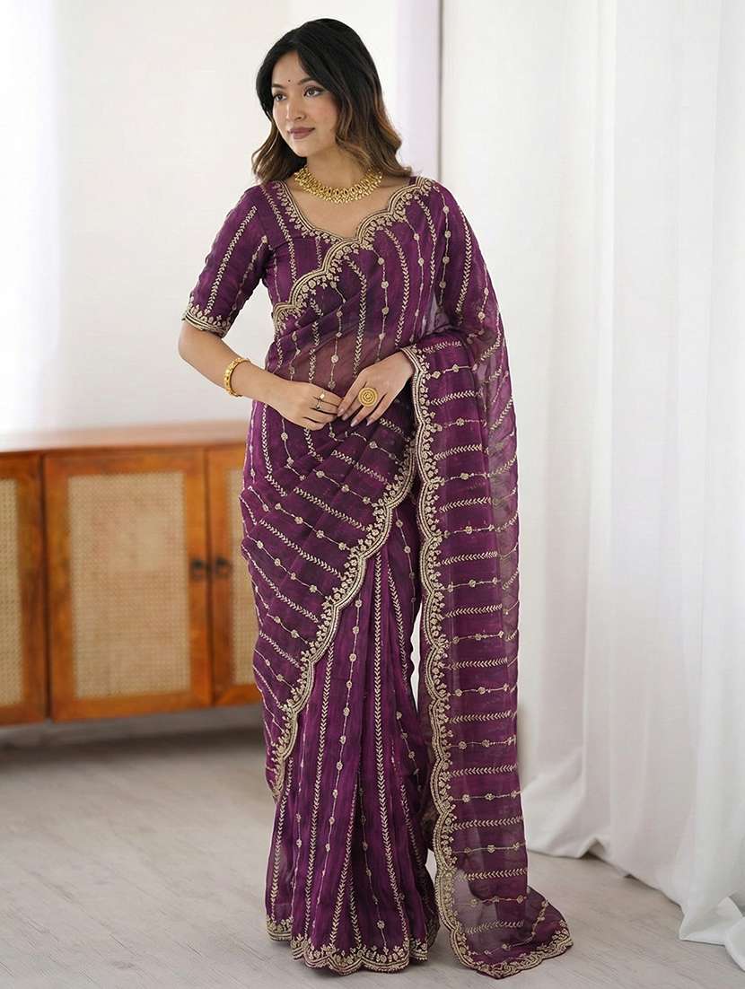 women magenta embellished saree with blouse
