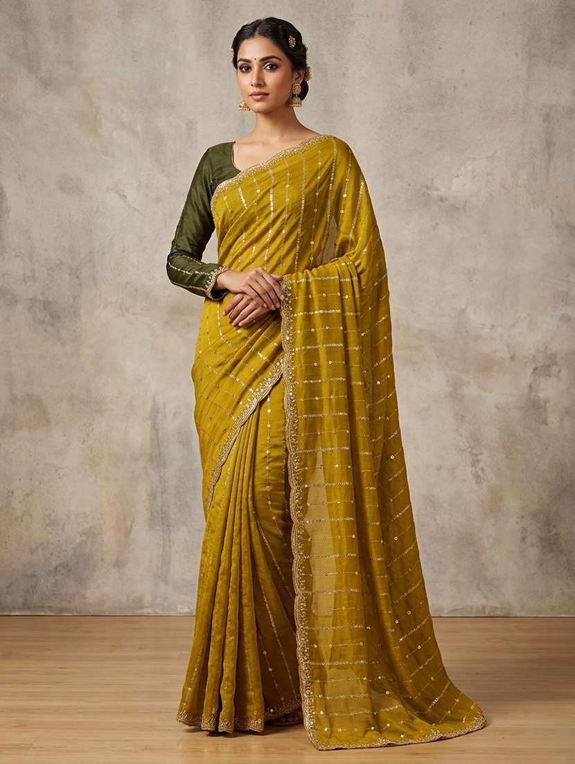 women mustard embroidered saree with blouse