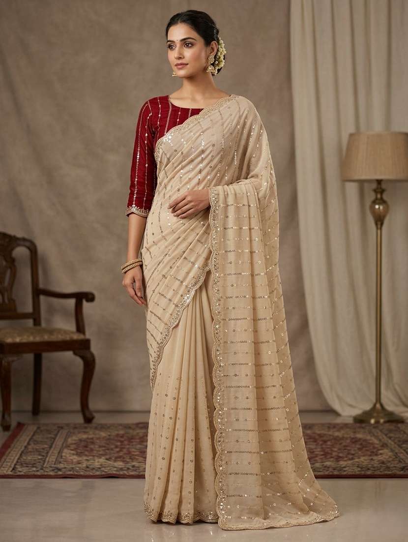 women embroidered saree with attached blouse with blouse