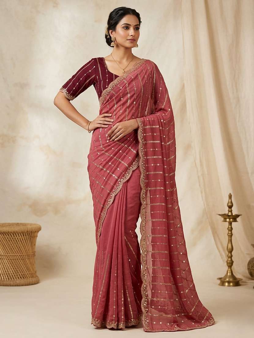 women embroidered saree with attached blouse with blouse