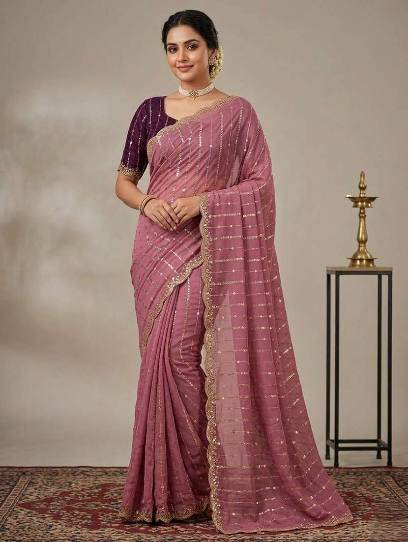women magenta embroidered saree with blouse