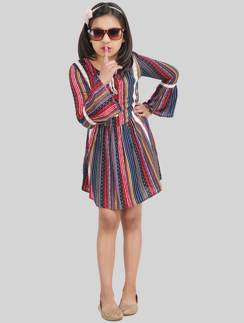 girl multi colored viscose fit & flare dress