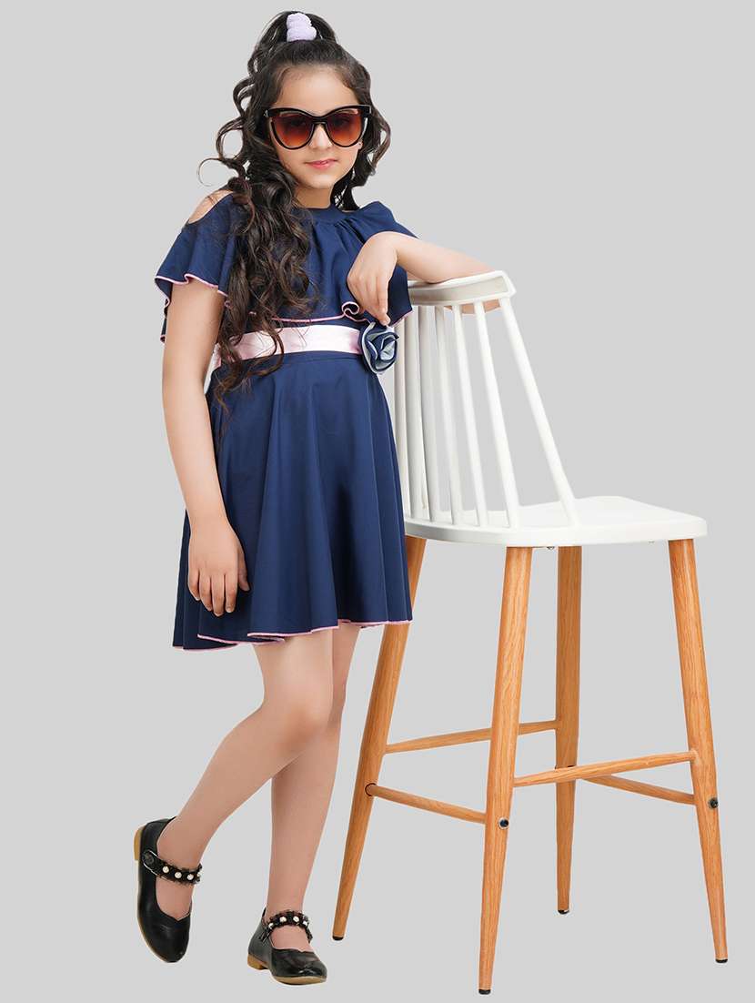 girl navy blue polyester fit & flare dress