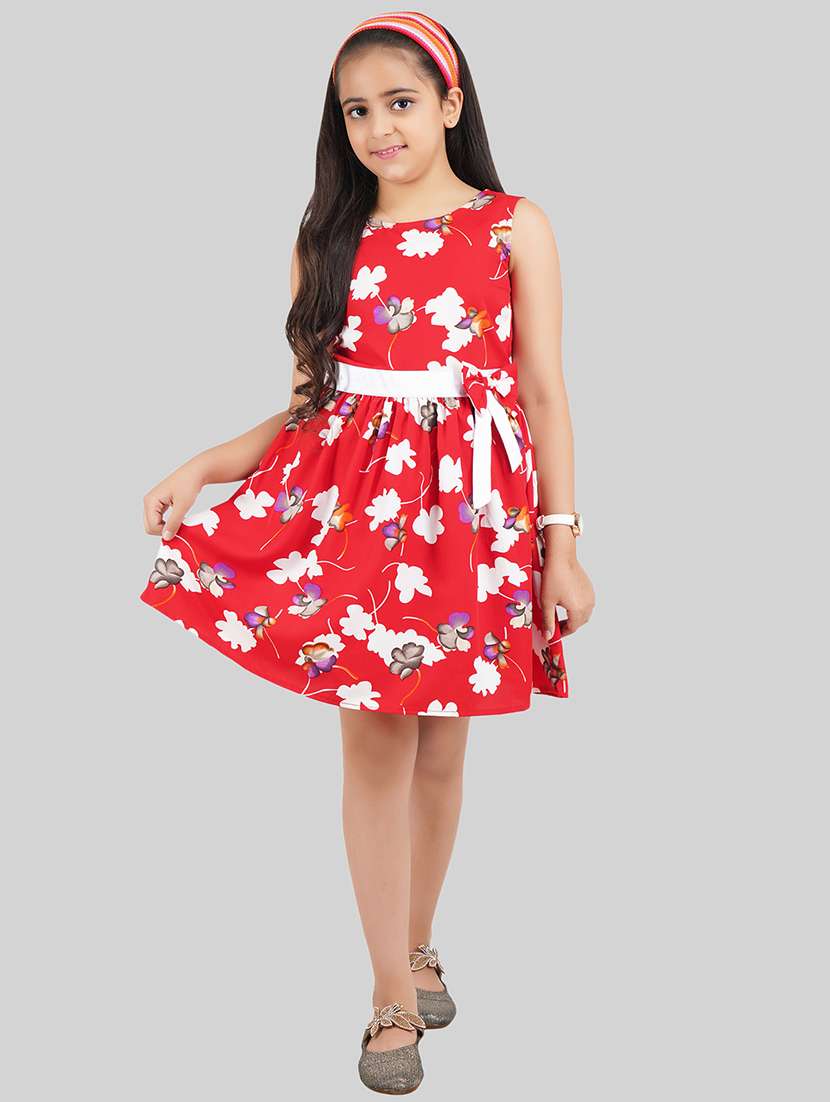 girls red polyester fit & flare dress