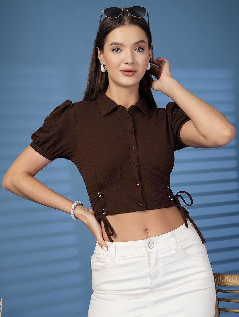 women solid puff sleeve crop top