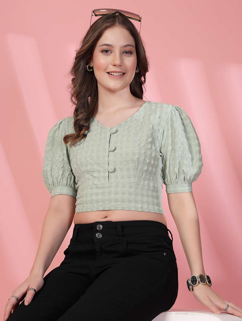 women self design green viscose shirt top