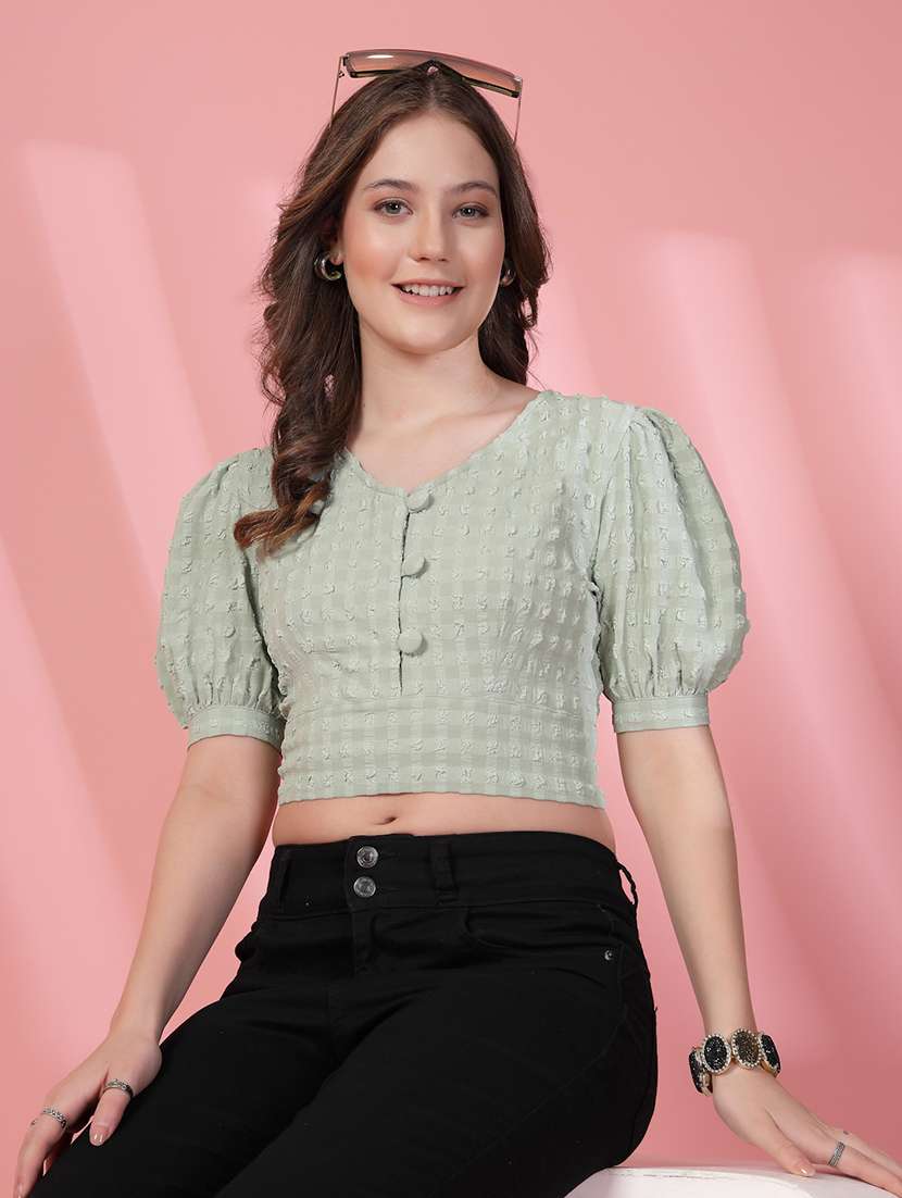women solid puff sleeve crop top - 22473831 -  Standard Image - 3