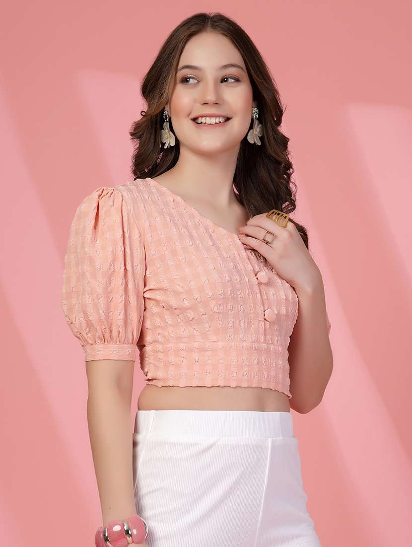 women solid puff sleeve crop top - 22473833 -  Standard Image - 3