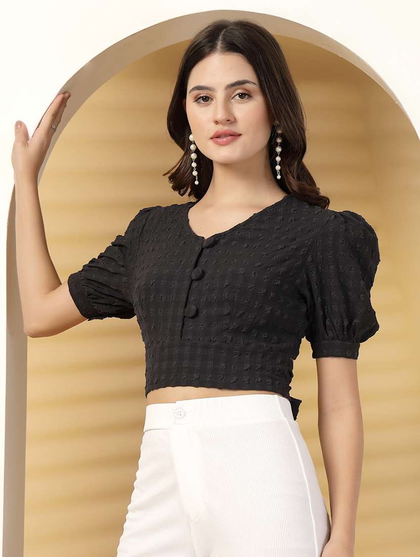 women solid black viscose regular top