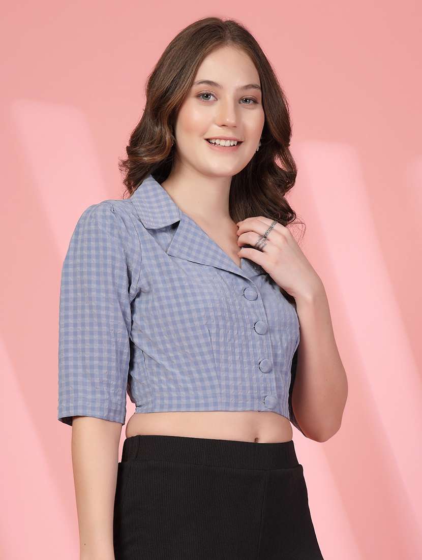 women heckered puff sleeve crop top