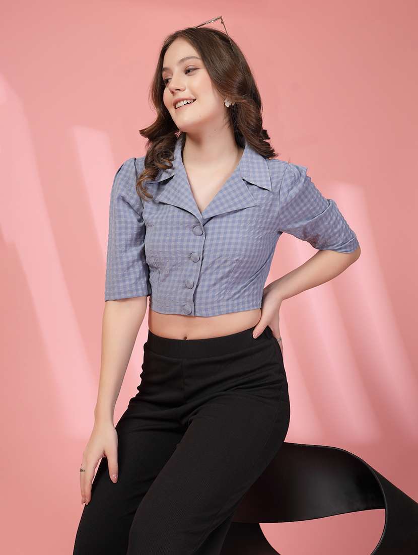 women heckered puff sleeve crop top - 22473842 -  Standard Image - 3