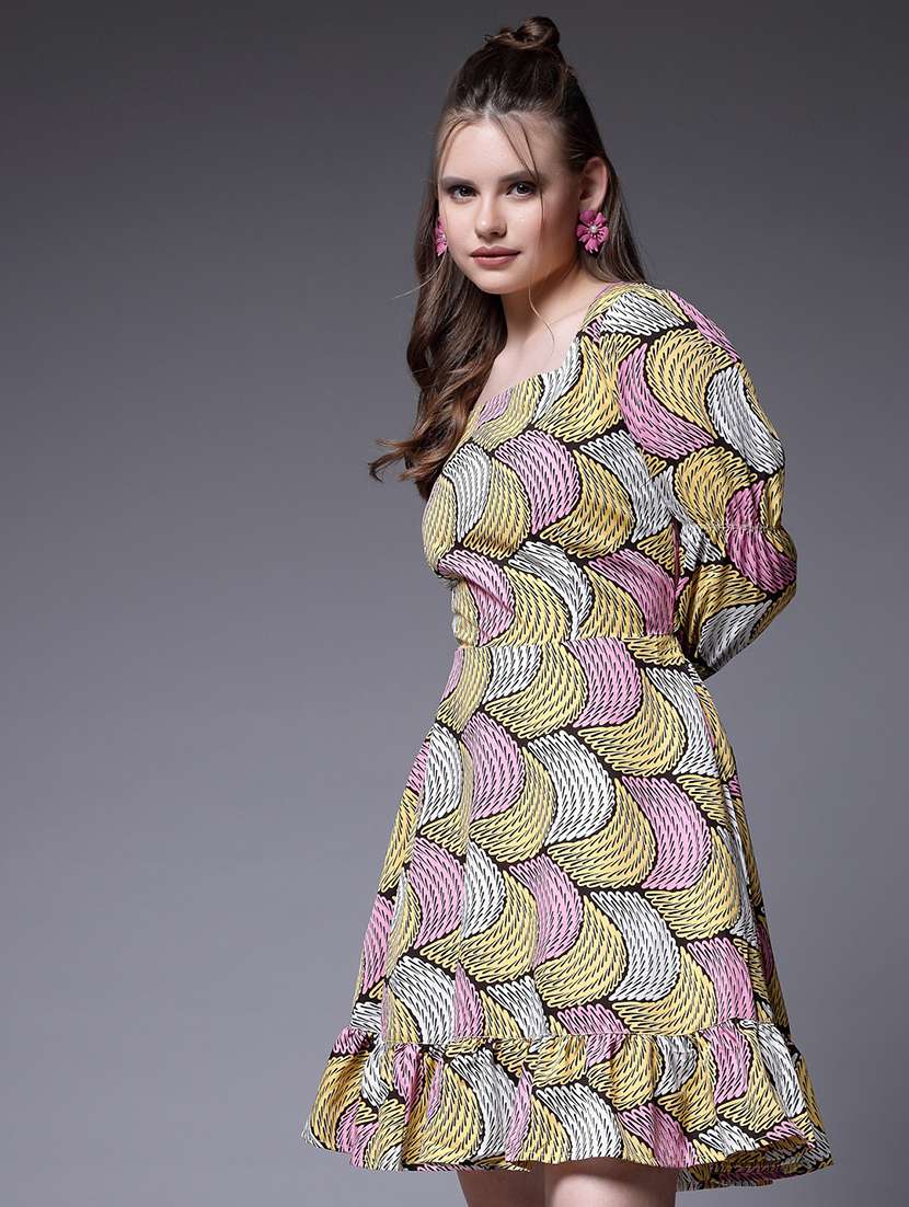 women printed yellow polyester a-line dress