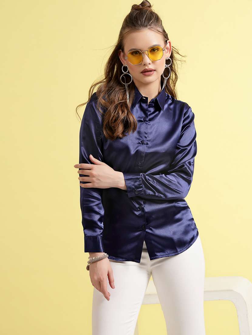 women solid blue polyester regular shirt