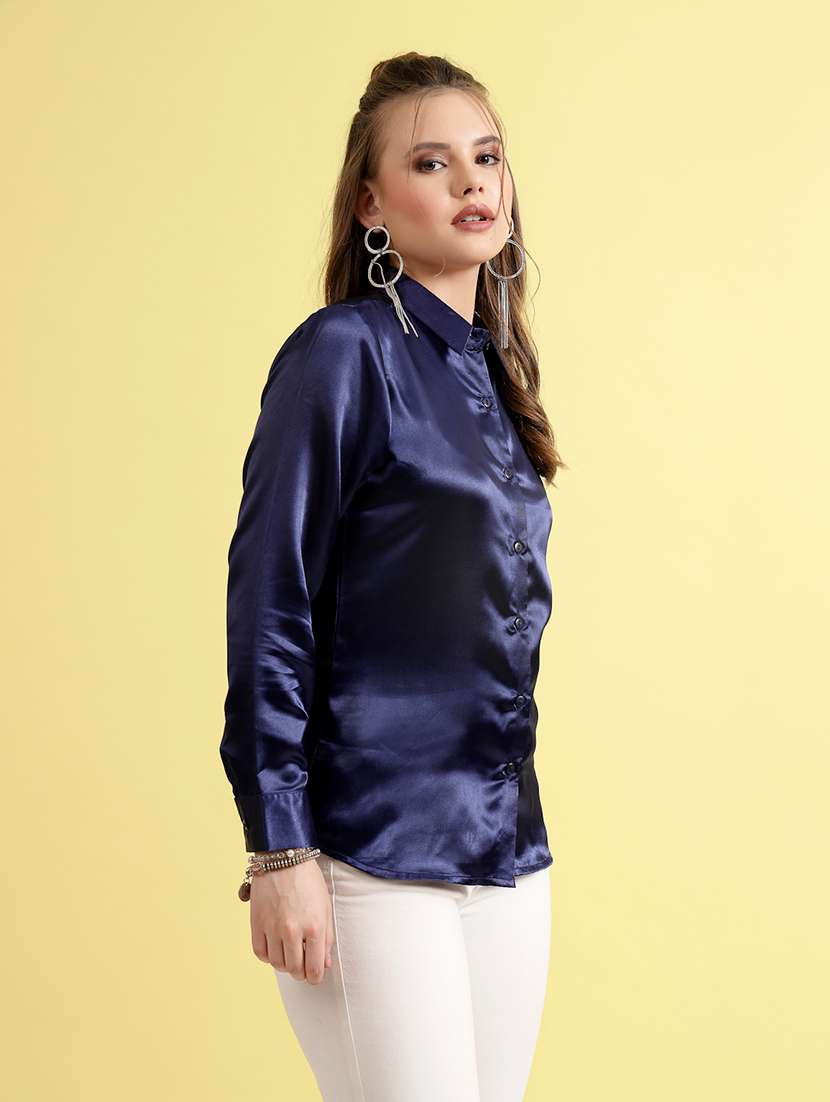 Women Solid Blue Polyester Regular Shirt - 22473892 -  Standard Image - 3