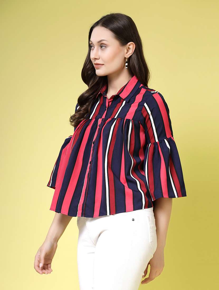 women stripe pink polyester regular shirt