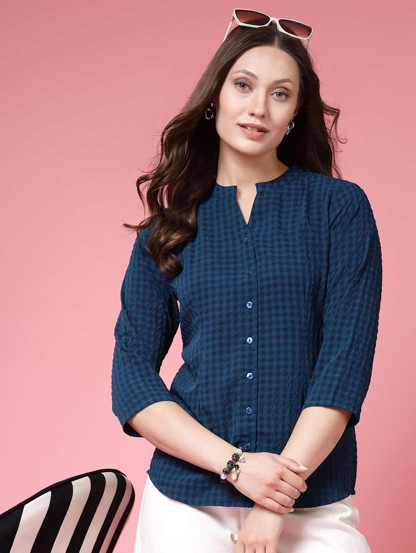 women checks  green polyester regular shirt