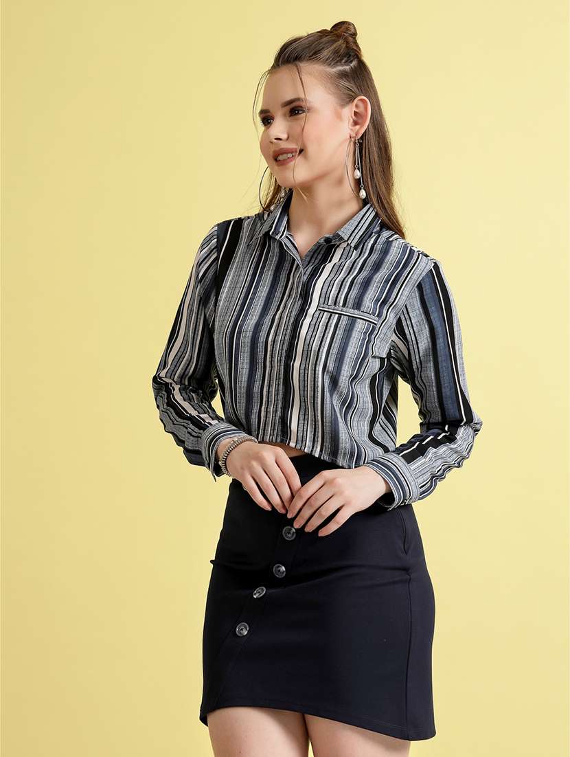women stripes black polyester regular shirt