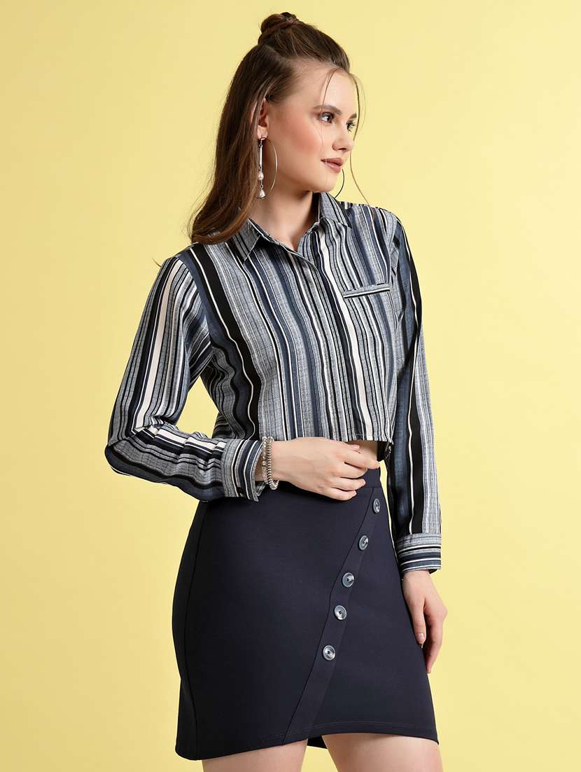 Women Stripes Black Polyester Regular Shirt - 22473896 -  Standard Image - 3
