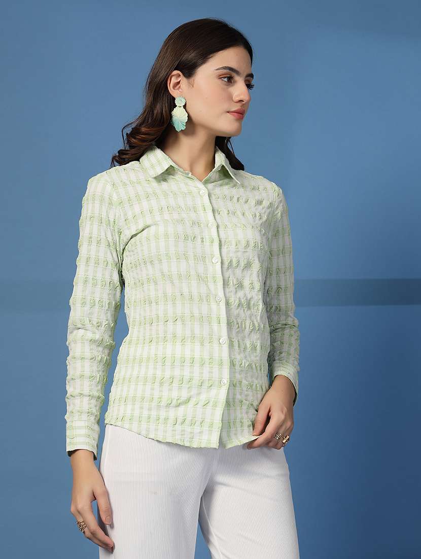 women checks green viscose regular shirt