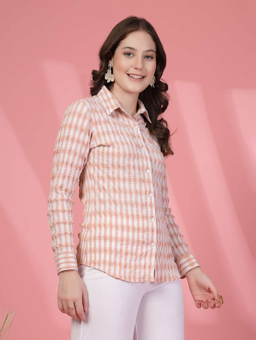 women checks brown viscose regular shirt