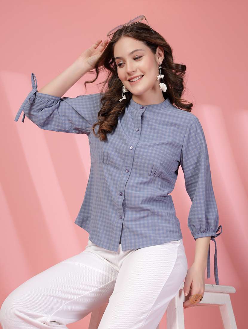 Women Checks Blue Viscose Regular Shirt - 22473901 -  Standard Image - 3