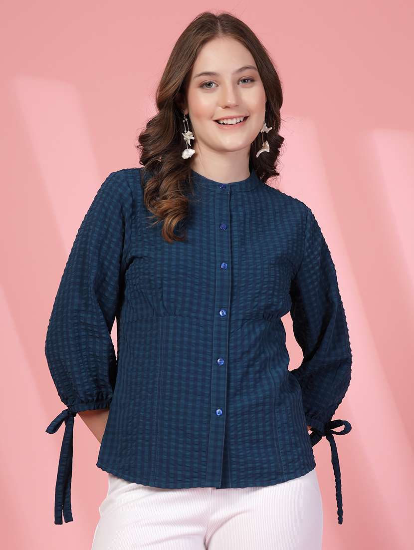 women checks teal viscose regular shirt