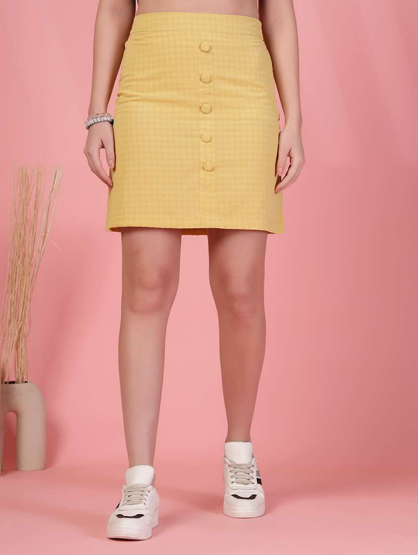women yellow viscose straight skirt
