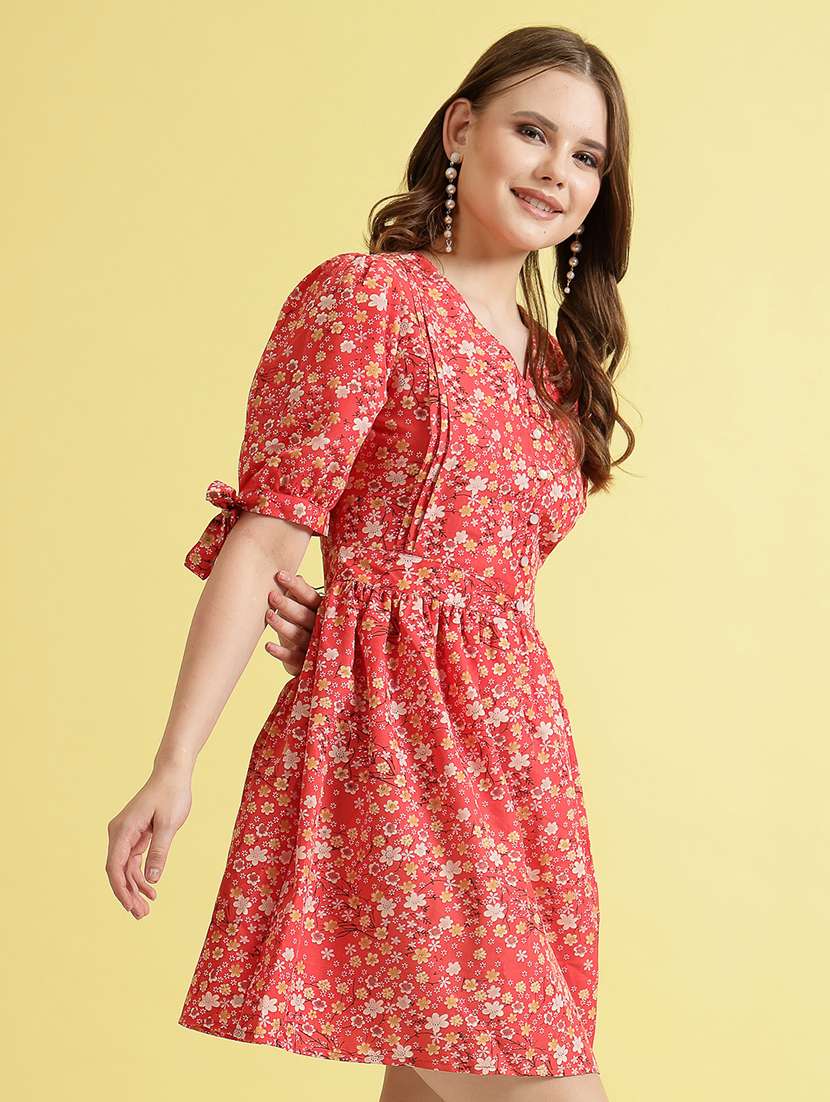 women printed puff sleeve fit & flare dress - 22473944 -  Standard Image - 3