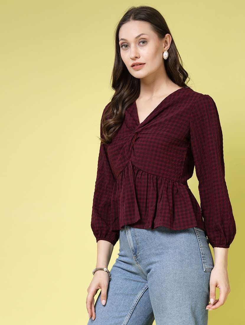women checks  purple polyester blouson top