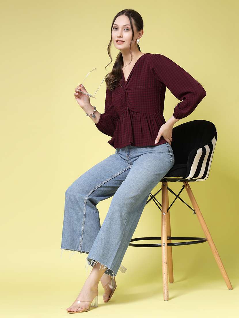 women checks  purple polyester blouson top - 22473955 -  Standard Image - 5