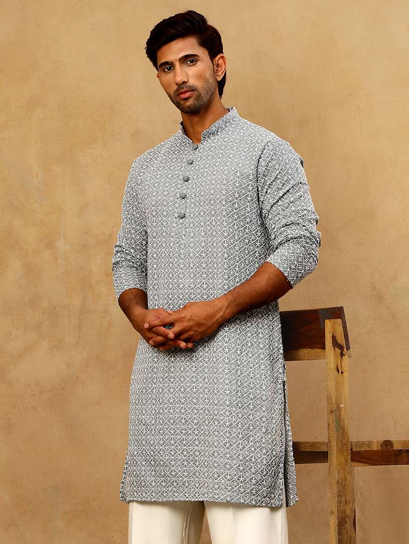 men grey cotton long kurtas kurta