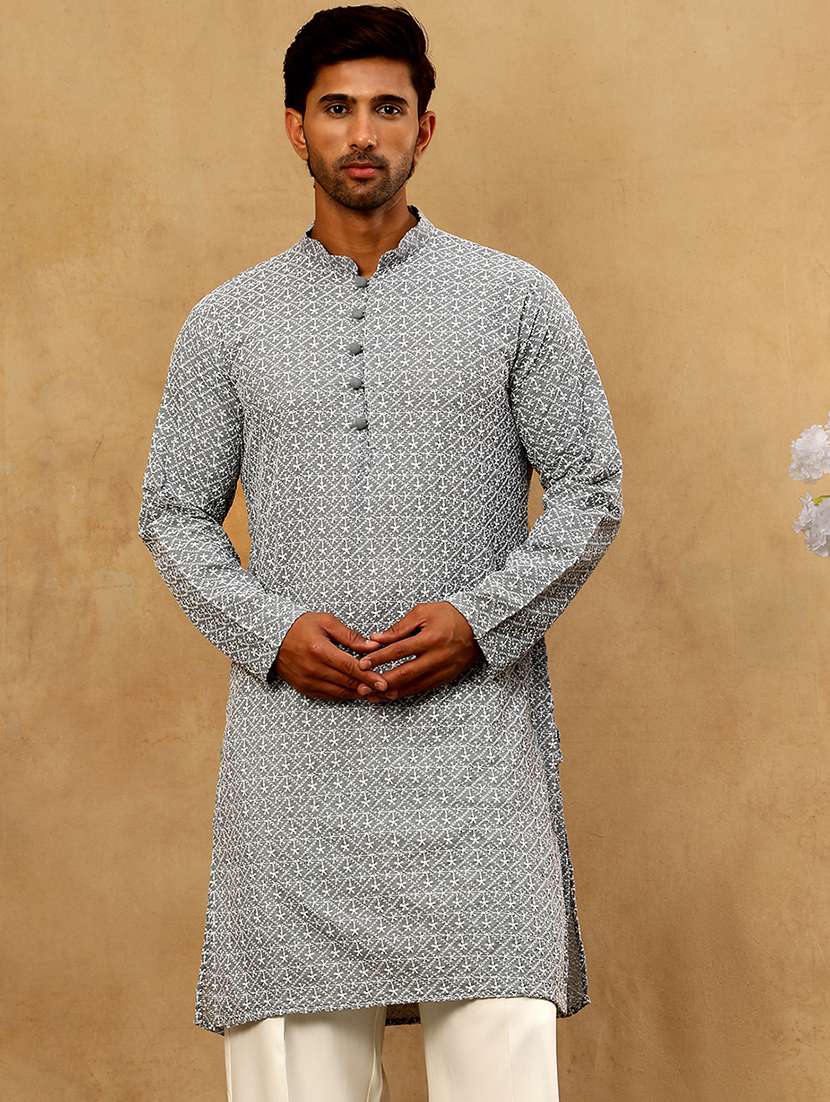 men grey cotton long kurtas kurta - 22476936 -  Standard Image - 3
