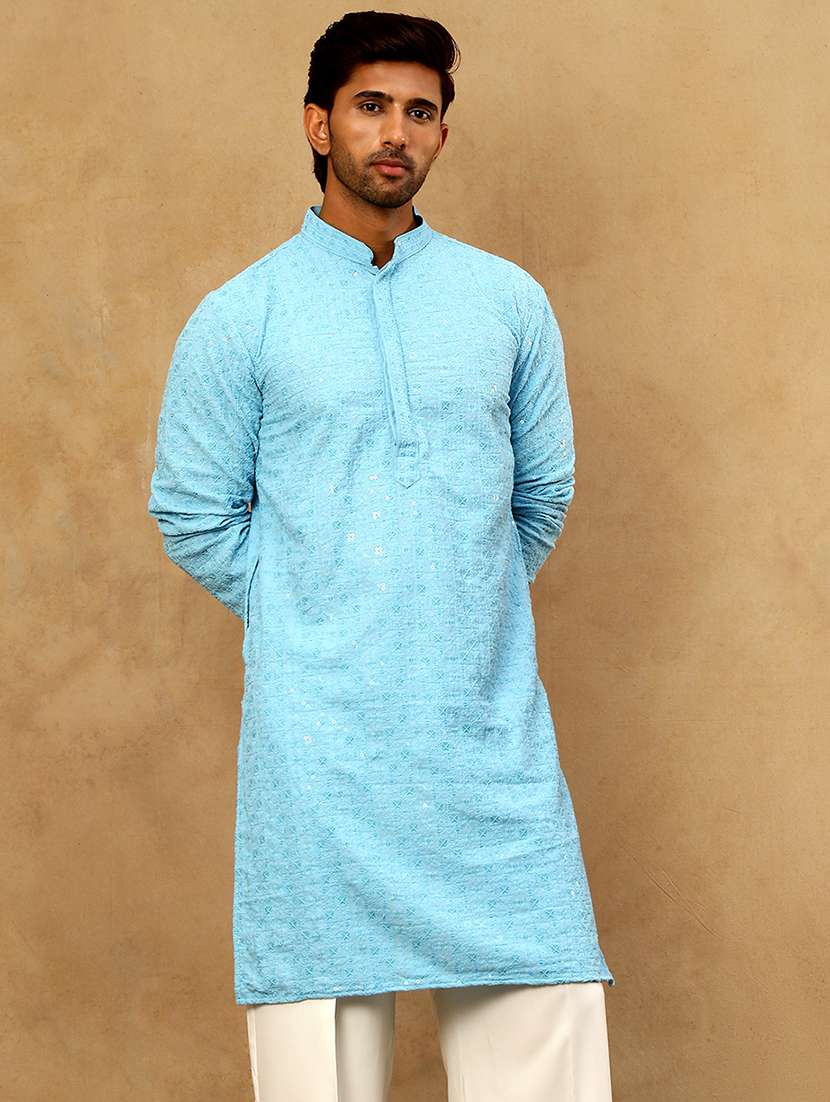 men blue cotton long kurtas kurta - 22476941 -  Standard Image - 3