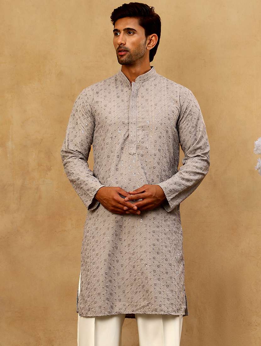 men grey cotton long kurtas kurta - 22476942 -  Standard Image - 3