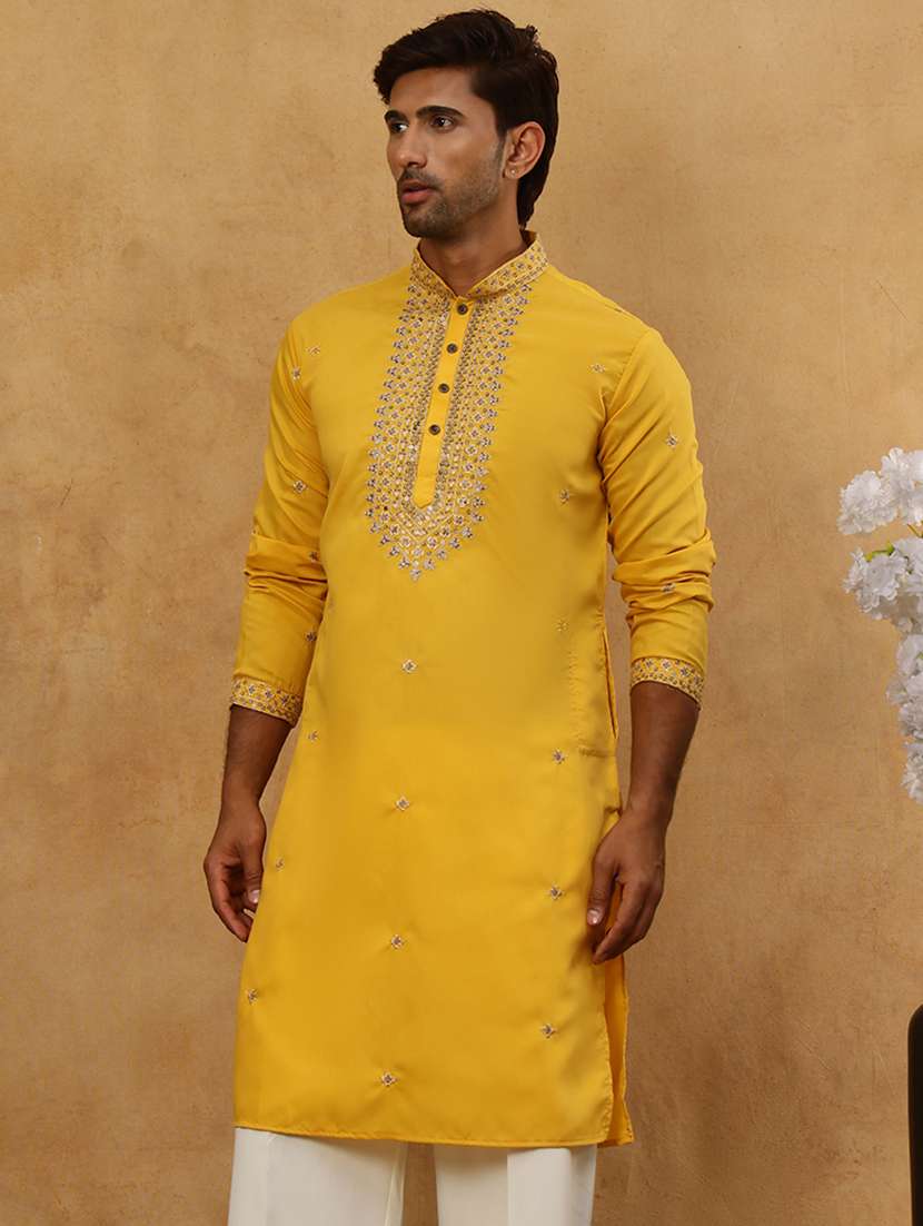 men yellow silk blend long kurtas kurta