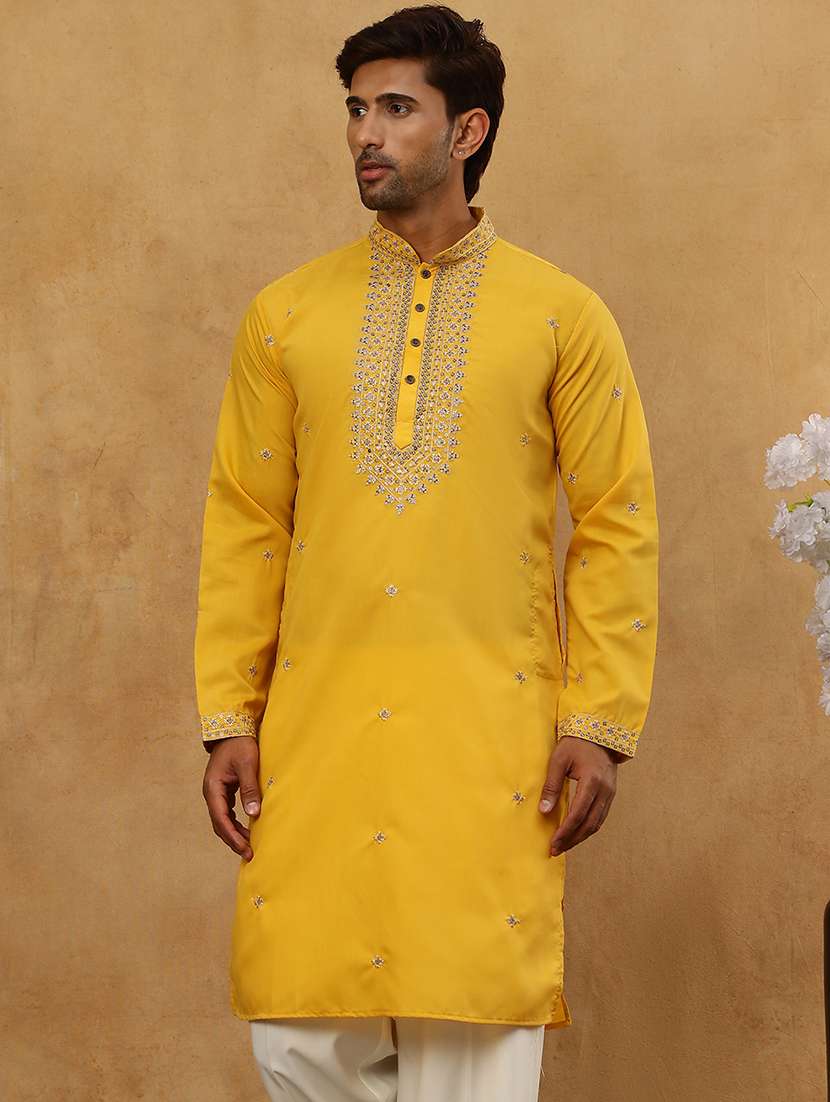 men yellow silk blend long kurtas kurta - 22476943 -  Standard Image - 3