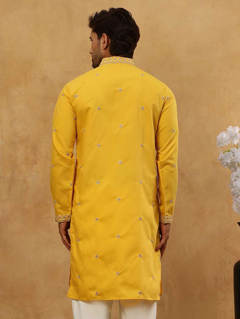 men yellow silk blend long kurtas kurta - 22476943 -  Standard Image - 5