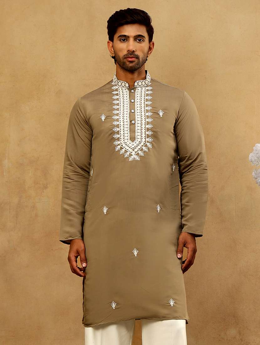 men beige silk blend long kurtas kurta - 22476945 -  Standard Image - 3