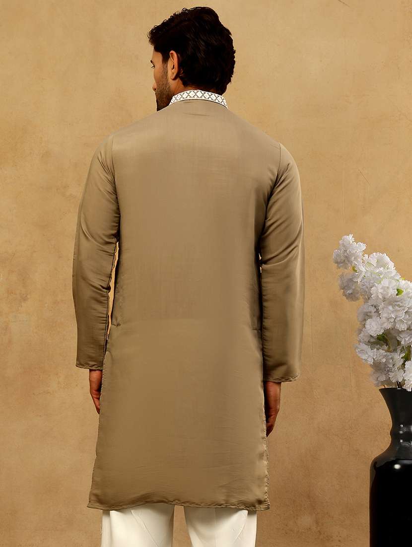 men beige silk blend long kurtas kurta - 22476945 -  Standard Image - 5