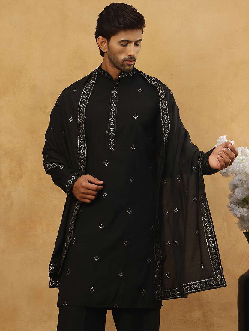 men black silk blend long kurtas kurta