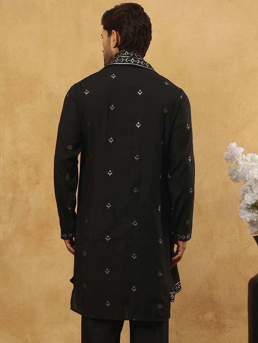 men black silk blend long kurtas kurta - 22476946 -  Standard Image - 5