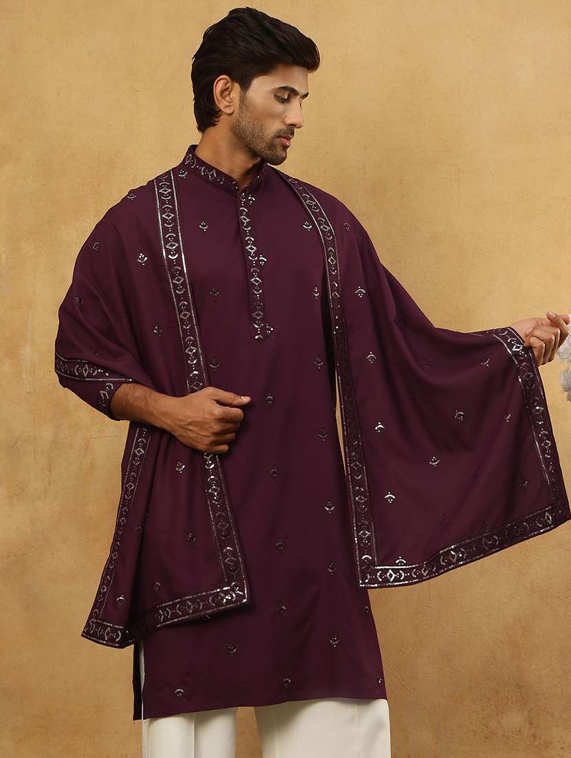 men embellished long sleeve straight kurta