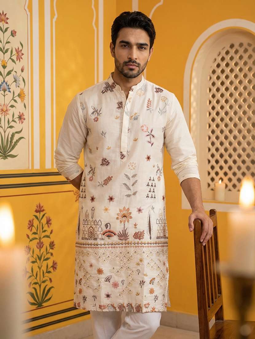 men embroidered long sleeve straight kurta
