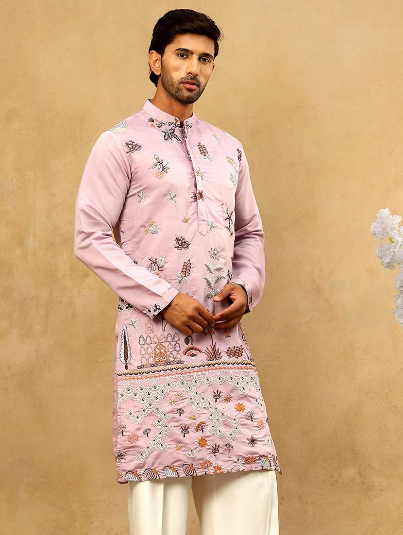 men purple silk blend long kurtas kurta - 22476950 -  Standard Image - 3