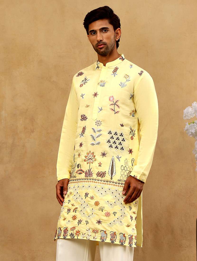 men yellow silk blend long kurtas kurta