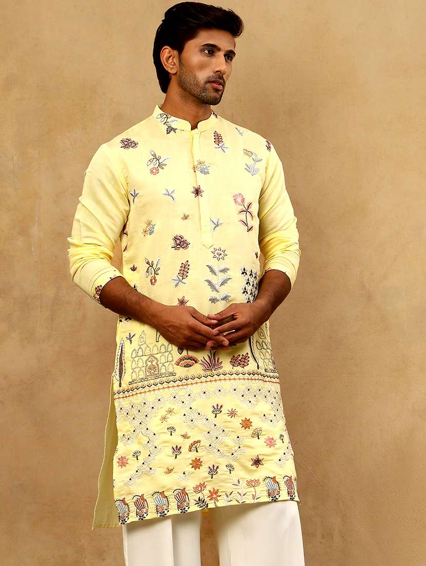 men yellow silk blend long kurtas kurta - 22476952 -  Standard Image - 3