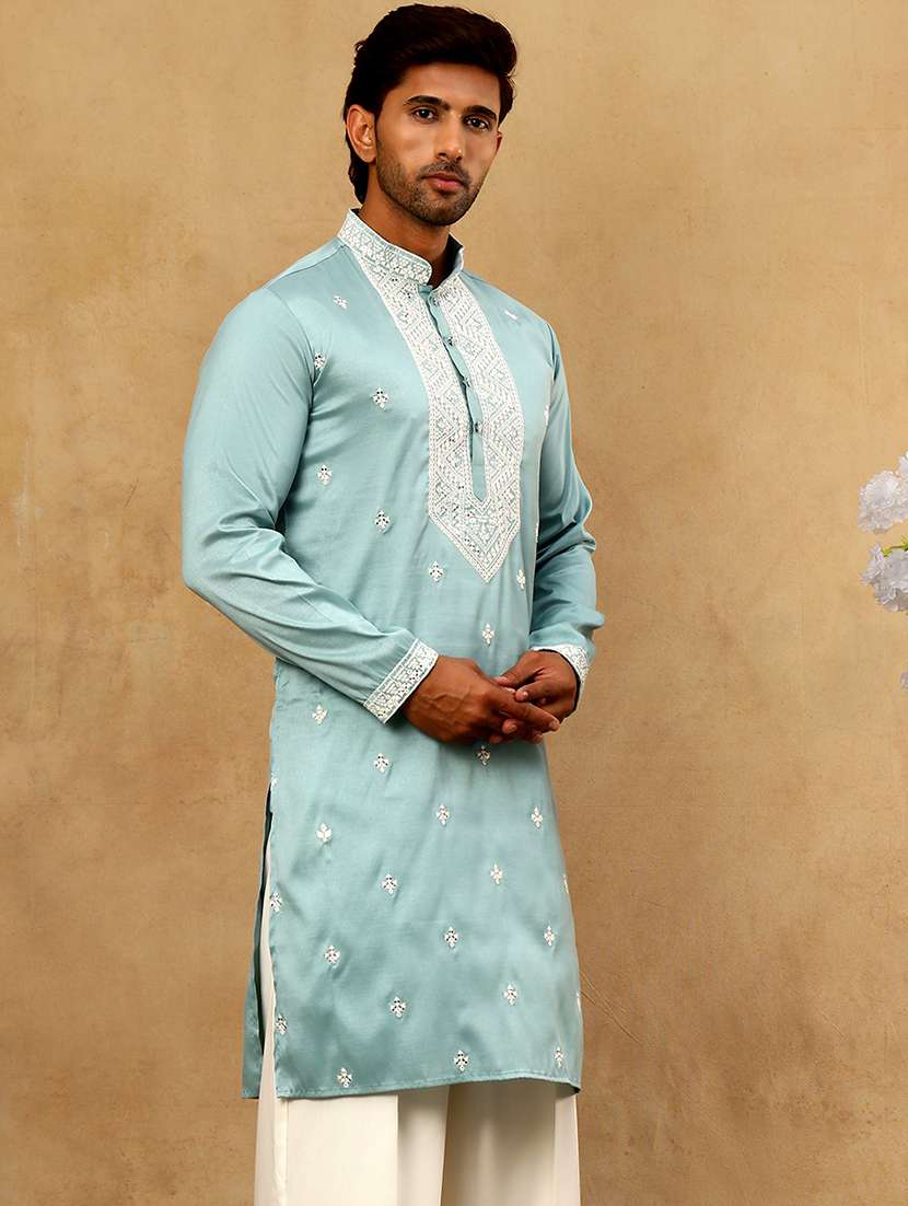 Men Blue Silk Blend Long Kurtas Kurta - 22476956 -  Standard Image - 3