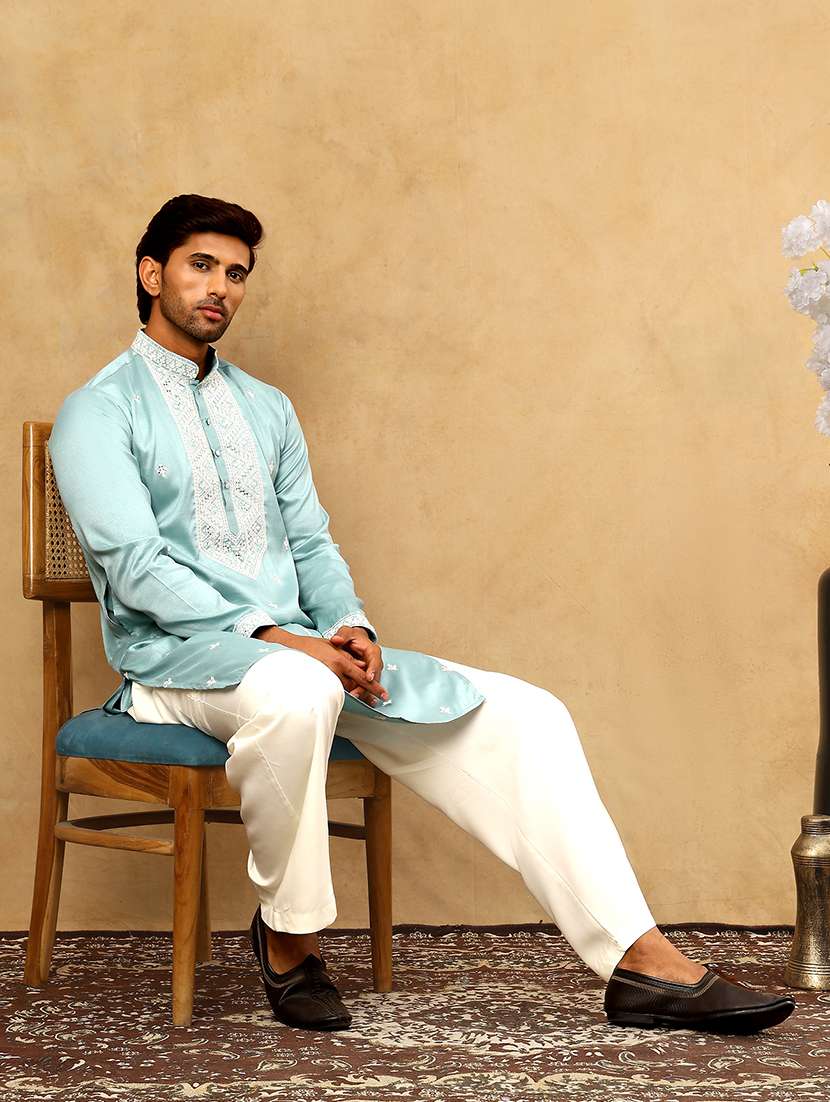 Men Blue Silk Blend Long Kurtas Kurta - 22476956 -  Standard Image - 5