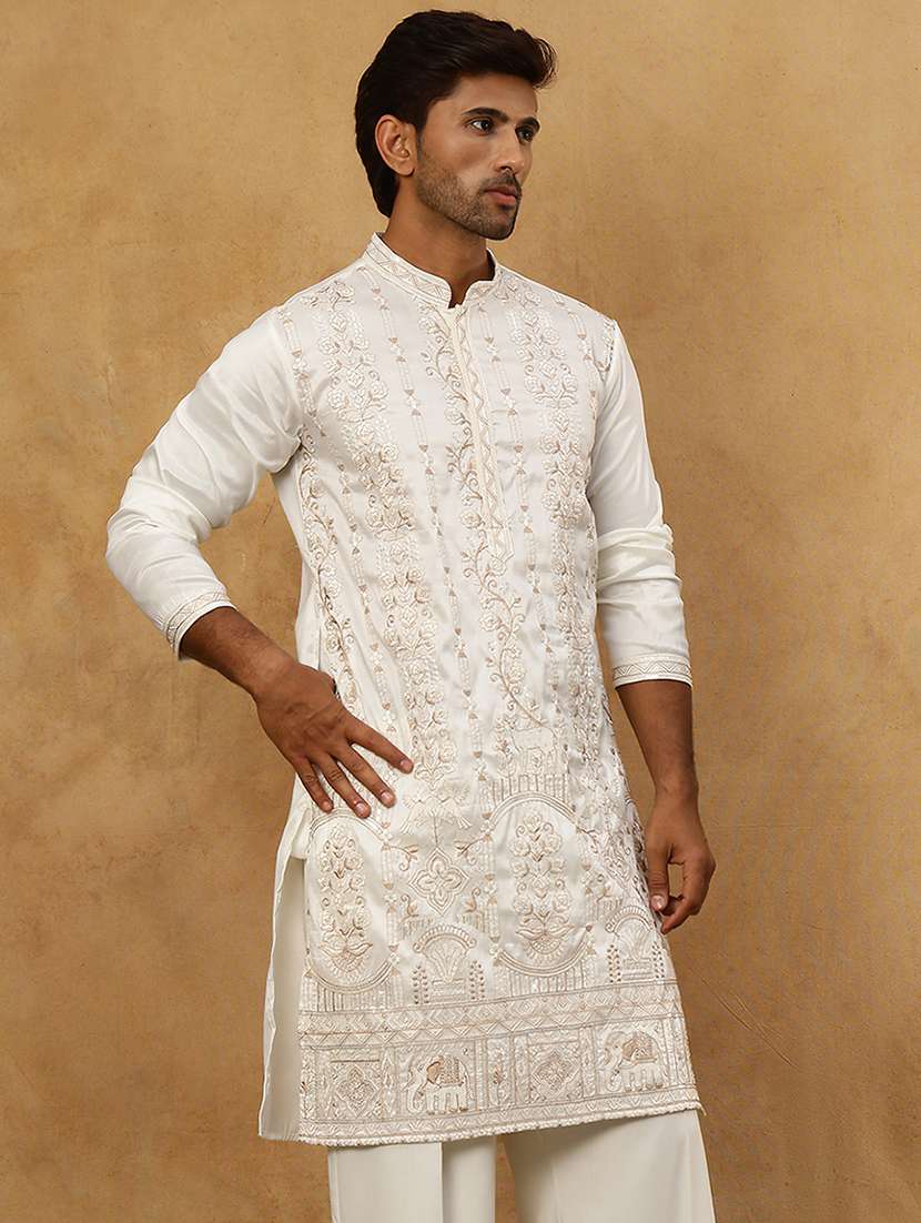 men white silk blend long kurtas kurta - 22476957 -  Standard Image - 3
