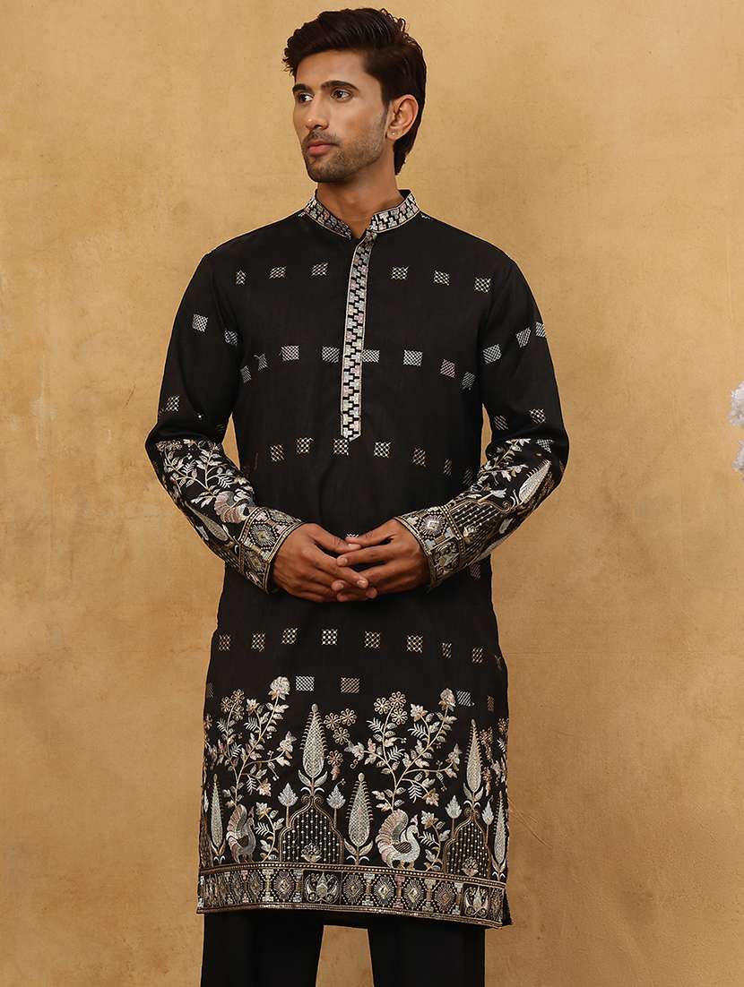 Men Black Silk Blend Long Kurtas Kurta - 22476959 -  Standard Image - 3